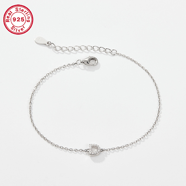 

PandaHall Rhodium Plated 925 Sterling Silver Letter Cubic Zirconia Link Bracelets, Cable Chains Bracelets for Women, Letter D, 6-1/4 inch..., Clear