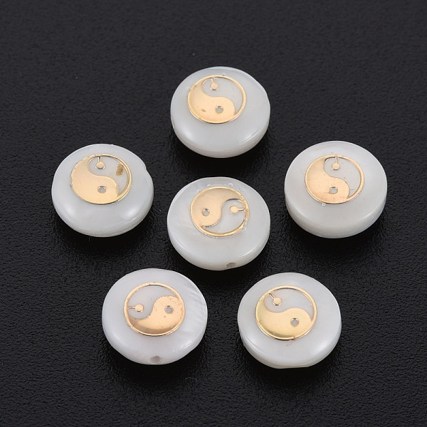

PandaHall Natural Freshwater Shell Beads, with Golden Plated Brass Metal Embellishments, Flat Round with Tai Ji, Seashell Color, 8x3.5mm...