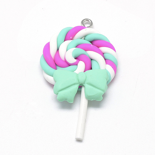 

PandaHall Handmade Polymer Clay Pendants, Lollipop with Bowknot, Aquamarine, 40~53x27~30x7~9mm, Hole: 2mm Polymer Clay Candy Green