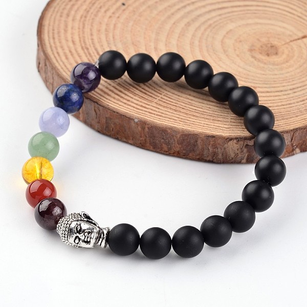 PandaHall Buddha Head Natural Black Agate(Dyed) Beaded Chakra Stretch Bracelets, with Gemstone Beads and Tibetan Style Alloy Beads, 55mm...