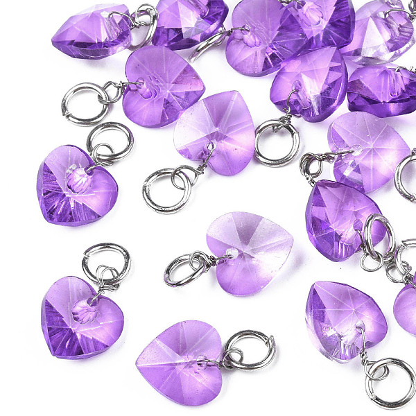 

PandaHall Faceted Transparent Glass Charms, with Iron Jump Ring, Heart, Medium Purple, 13~14x10x5~6mm, Hole: 4mm Iron+Glass Heart