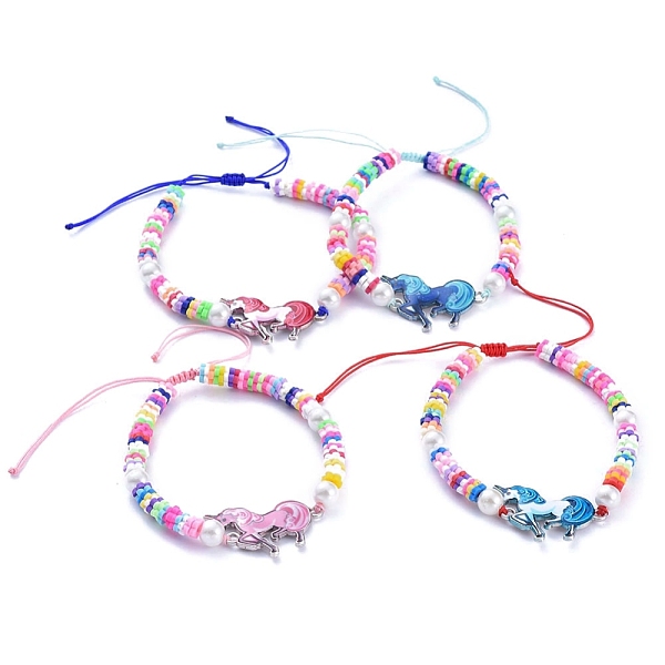 PandaHall Adjustable Nylon Thread Braided Bead Bracelets, with Unicorn Printed Alloy Enamel Links, Flower Polymer Clay Beads and Round Glass...