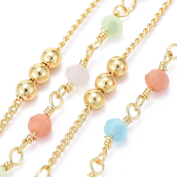 

PandaHall Handmade Brass Curb Chains, with Faceted Glass Links, Brass Beads and Spool, Soldered, Long-Lasting Plated, Real 18K Gold Plated...