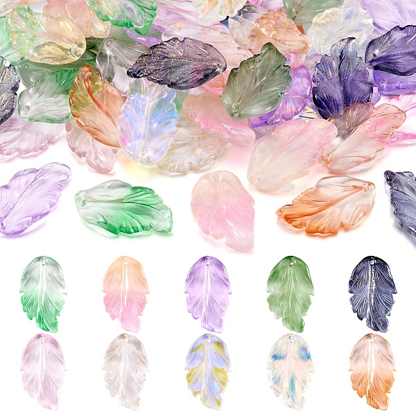 

PandaHall 100Pcs 10 Colors Dyed & Heated Glass Pendants, with Glitter Powder, Feather Leaf Charms, Mixed Color, 28x17x3.5mm, Hole: 1.2mm..., Multicolor