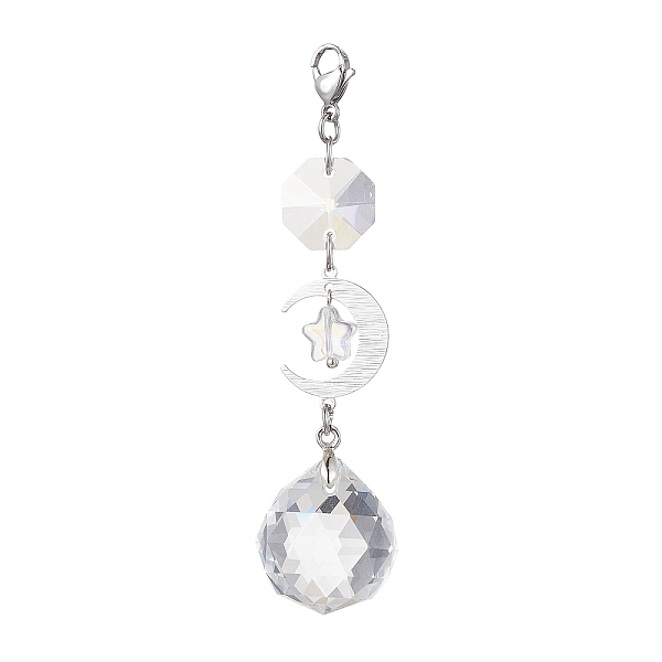 

PandaHall Brass Pendant Decoration, Glass Teardrop/Octagon and Lobster Claw Clasps Charm, Platinum, Moon, 83mm Glass Moon