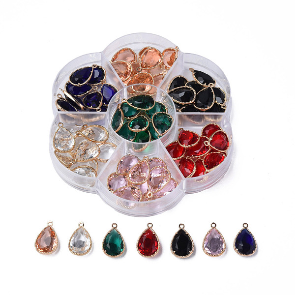 

PandaHall K9 Glass Pendants, with Light Gold Plated Brass Findings, Teardrop, Faceted, Mixed Color, 18x12x5mm, Hole: 1.5mm, 7colors/box..., Multicolor