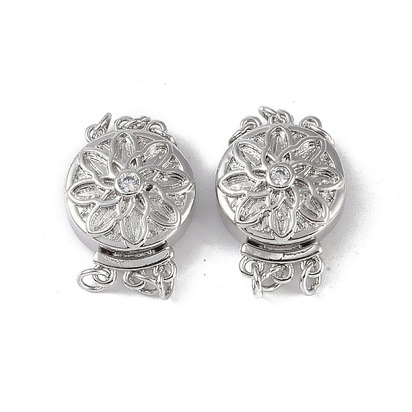 

PandaHall Rack Plating Brass Micro Pave Clear Cubic Zirconia Box Clasps, 3-Strand, 6-Hole, Flat Round with Flower Pattern, Platinum...
