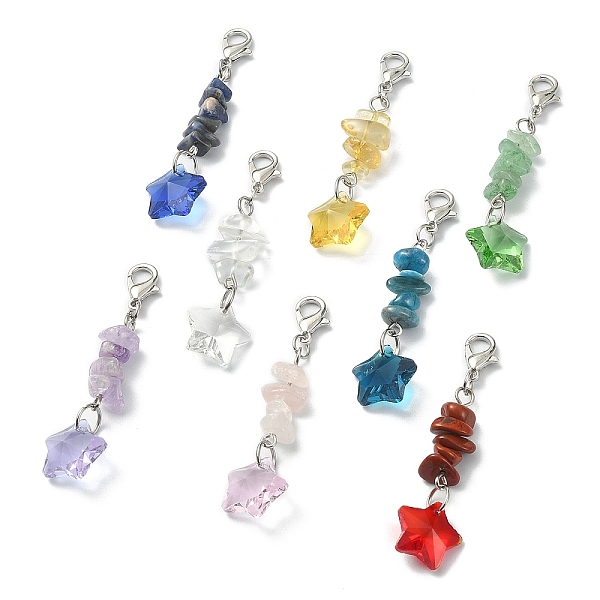 

PandaHall Gemstone Chip Beaded Pendant Decorations Sets, with Star Transparent Glass Beads, Alloy Lobster Claw Clasps, 51~53mm, 8pcs/set...