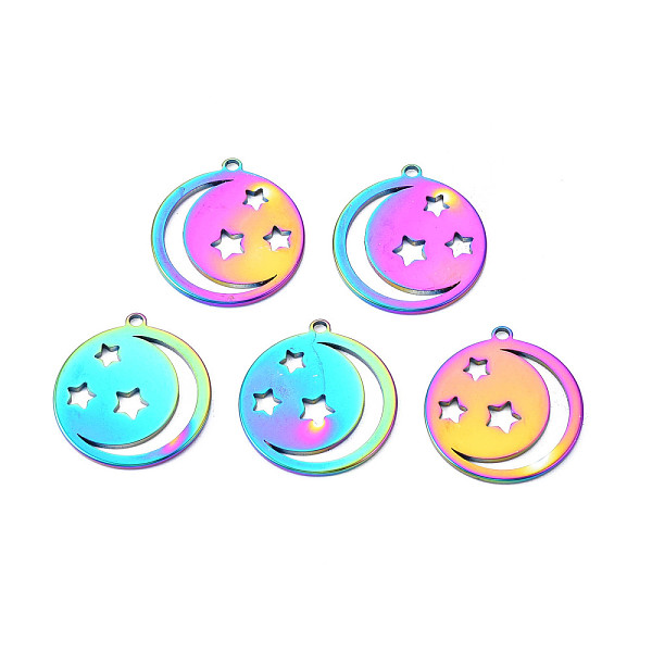 

PandaHall Ion Plating(IP) 201 Stainless Steel Pendants, Flat Round with Star & Moon, Rainbow Color, 25.5x23x1.5mm, Hole: 1.8mm 201 Stainless...