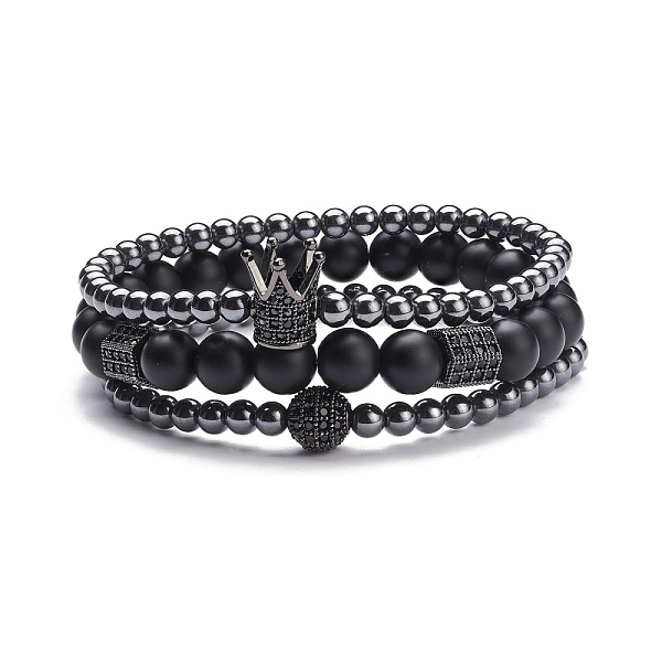 

PandaHall 3Pcs 3 Style Round Synthetic Black Stone & Hematite Beaded Stretch Bracelets Set, Gemstone Bracelets with Ball Crown Hexagon for...