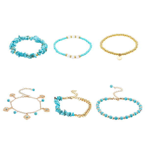 

PandaHall FIBLOOM 6Pcs 6 Style Alloy Flower Charm Bracelets Set, Synthetic Turquoise Chips Beaded Stretch Stackable Bracelets, Golden...