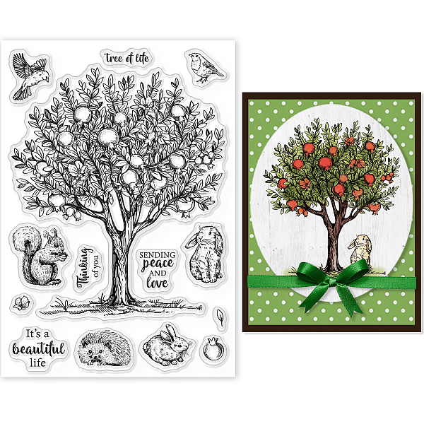 

PandaHall GLOBLELAND Pomegranate Tree Clear Stamps Fall Tree of Life Birds Squirrel Leaves Silicone Clear Stamp Seals for Cards Making DIY...