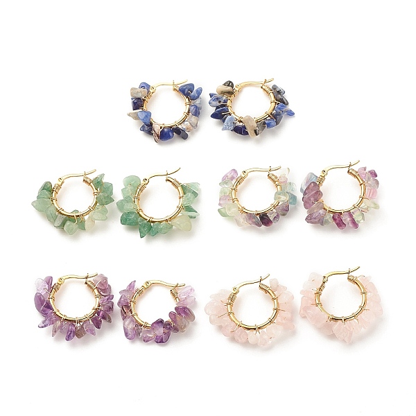 

PandaHall Natural Gemstone Chips Braided Hoop Earrings, 304 Stainless Steel Wire Wrap Jewelry for Women, 25~27x28~33x7~9mm, Pin: 0.6mm Mixed..., Multicolor