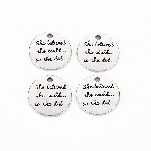 

PandaHall Tibetan Style Alloy Pendants, Cadmium Free & Lead Free, Flat Round with Word She Believed She Could So She Did, Antique Silver...