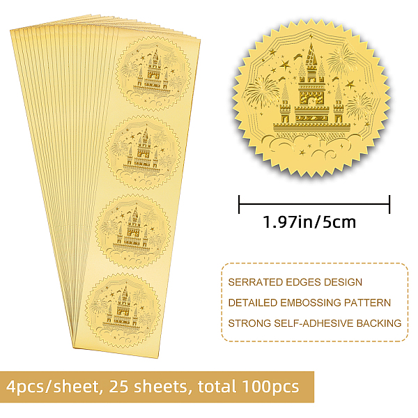 

PandaHall CRASPIRE 100PCS Gold Foil Stickers Embossed Certificate Seals Castle Self Adhesive Stickers Medal Decoration Stickers...