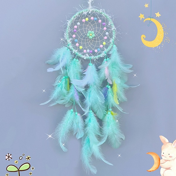 

PandaHall Woven Web/Net with Feather Decorations, with Iron Ring, for Home Bedroom Hanging Decorations, Flower, Aquamarine, 580mm Feather..., Green