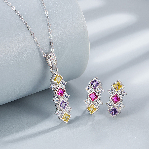 Ensemble de colliers et boucles d'oreilles à tige en argent sterling plaqué rhodium avec pendentif en oxyde de zirconium coloré pour femmes