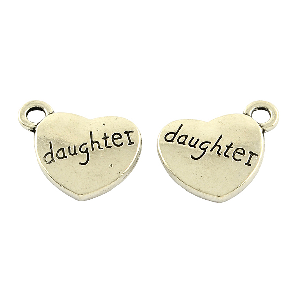 

PandaHall Tibetan Style Alloy Family Charms, Heart with Word daughter, Cadmium Free & Lead Free, Antique Silver, 13x15x3mm, Hole: 3mm Alloy...