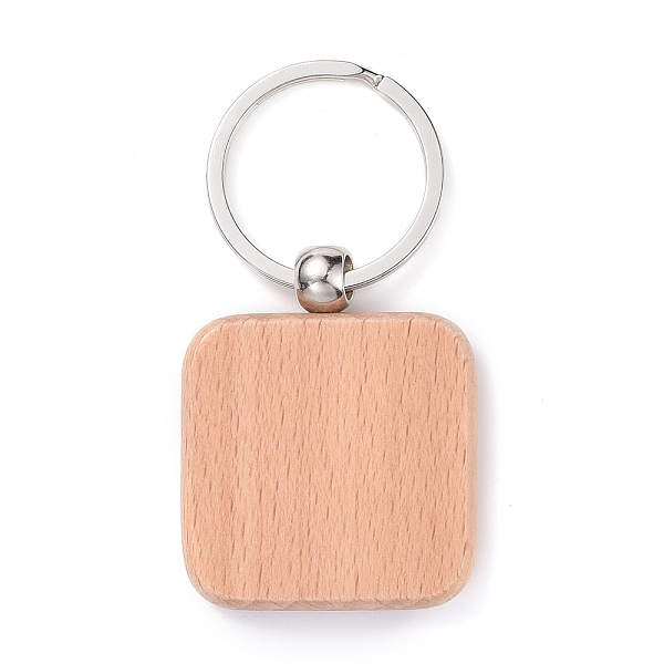 Natural Wood Keychain, with Platinum Plated Iron Split Key Rings, Square, BurlyWood, 7.5cm, Square: 48.5x39.5x7mm