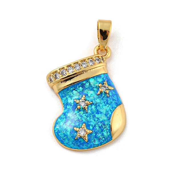 

PandaHall Christmas Brass Micro Pave Cubic Zirconia Pendant, with Synthetic Opal, Christmas Stocking, Deep Sky Blue, 19x16.5x4mm, Hole...