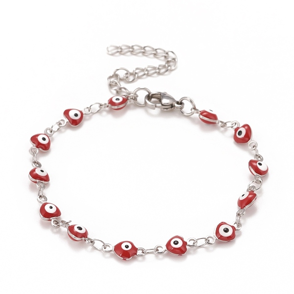 PandaHall Enamel Heart with Evil Eye Link Chains Bracelet, 304 Stainless Steel Jewelry for Women, Stainless Steel Color, Red, 6-3/4 inch...