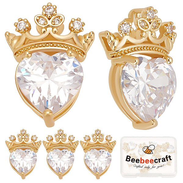 

PandaHall Beebeecraft 8Pcs/Box Cubic Zirconia Heart Charms 18K Gold Plated Brass Crown Top Heart Dangle Pendant for Valentine s Day DIY..., Clear