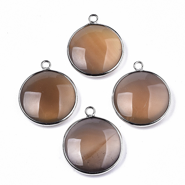 

PandaHall Natural Grey Agate Pendants, with Platinum Plated Brass Findings, Dyed & Heated, Flat Round, Peru, 27~28x23~24x7~9.5mm, Hole: 2mm..., Brown