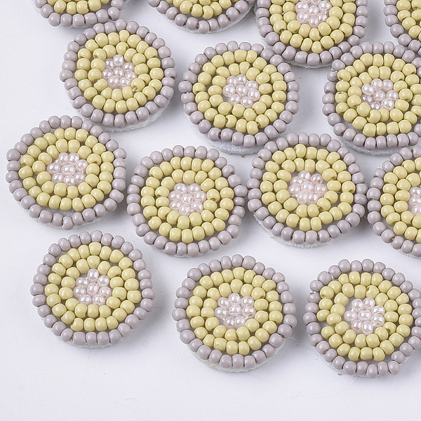 

PandaHall Glass Seed Beads Cabochons, Cluster Beads, with Non-Woven Fabric, Flat Round, Light Khaki, 17~18x3.5~4mm Glass Flat Round
