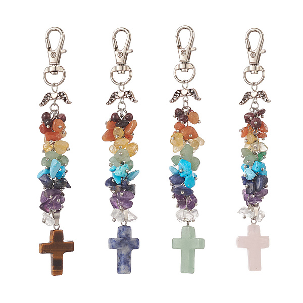 Chakra Gemstone Cross & Chips Beaded Keychain