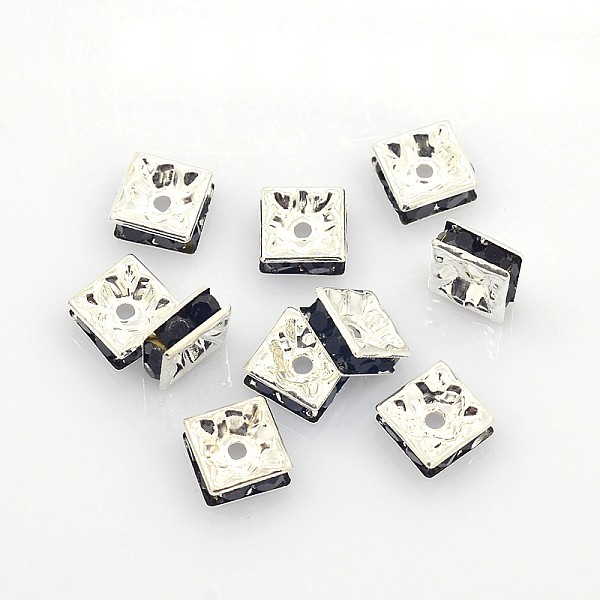 

PandaHall Brass Rhinestone Spacer Beads, Square, Nickel Free, Jet, Silver Color Plated, 8x8x4mm, Hole: 1mm Brass+Rhinestone Square Black
