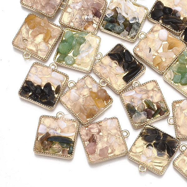

PandaHall Natural Gemstone Chips Pendants, with Alloy Findings, Square, Light Gold, Mixed Color, 21~21.5x18~18.5x5mm, Hole: 1.8mm Natural..., Multicolor