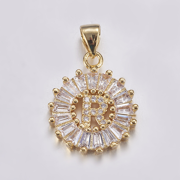 

PandaHall Long-Lasting Plated & Rack Plating Brass Micro Pave Cubic Zirconia Letter Pendants, Flat Round, Real 18K Gold Plated, Letter.R..., Clear