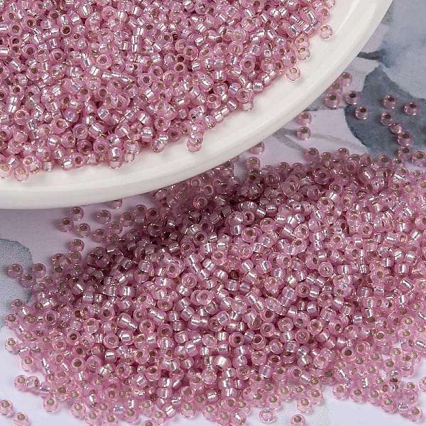 PandaHall MIYUKI Round Rocailles Beads, Japanese Seed Beads, 15/0, (RR555) Dyed Rose Silver Lined Alabaster, 1.5mm, Hole: 0.7mm, about...