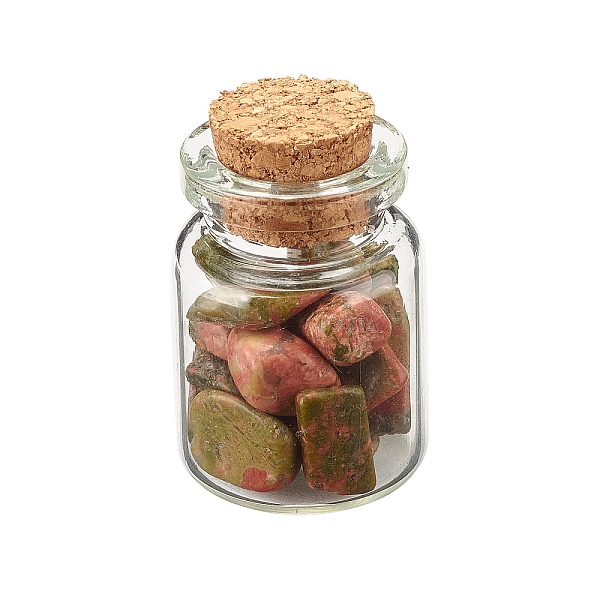 

PandaHall Transparent Glass Wishing Bottle Decoration, with Natural Unakite Chip Beads, 22x34mm, Chip Beads: 6~16x5~10x2~8mm Unakite Bottle