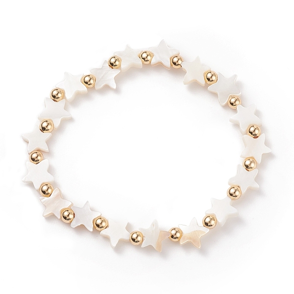 

PandaHall Natural Shell Star Beaded Stretch Bracelet with Brass for Women, Seashell Color, Inner Diameter: 2-1/4 inch(5.6cm) Shell