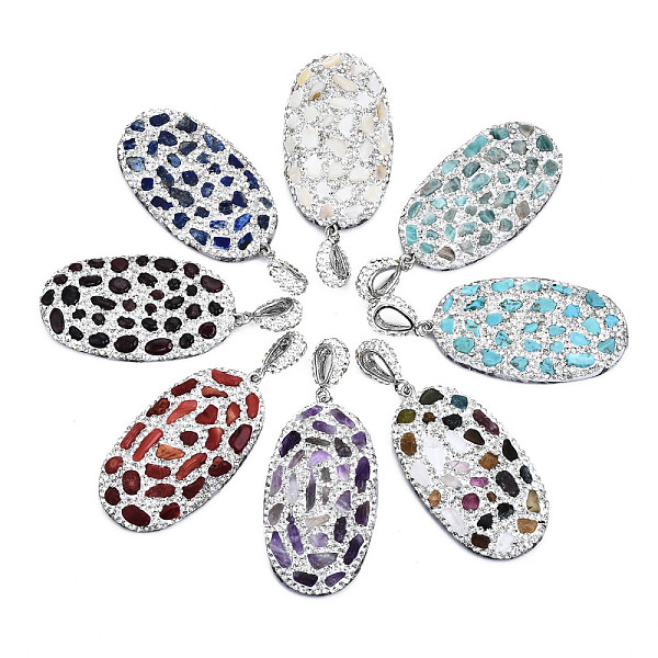 

PandaHall Polymer Clay Rhinestone Pendants, with Natural & Synthetic Gemstone Chip, Natural Shell Chip and PU Leather, Oval, Platinum..., Black