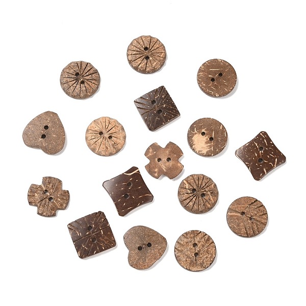 PandaHall 2-Hole Coconut Buttons, Flat Round & Heart & Cross & Square & 4 Pointed Star, Mixed Color, 20~25.5x20~25.5x3~3.5mm, Hole: 2mm...