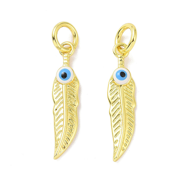 

PandaHall Real 18K Gold Plated Brass Pendants, with Enamel and Jump Ring, Evil Eye, Feather, 23x5x2.5mm, Hole: 4mm Brass+Enamel Feather