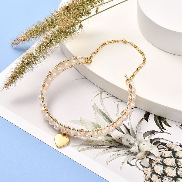 

PandaHall Natural Pearl Beaded Bangle for Teen Girl Women, Brass Cuff Bangle with Heart Charm and Safety Chain, Golden, Inner Diameter..., White