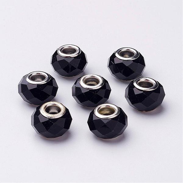 

PandaHall Glass European Beads, Large Hole Beads, Black, Brass Core in Silver Color, about 14mm wide, 9mm long, hole: 5mm Glass+Brass Core...