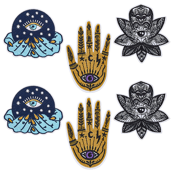 PandaHall HOBBIESAY 6Pcs 3 Style Evil Eye Theme Crystal Ball/Lotus/Hamsa Hand Embroidered Polyester Clothing Patches, Iron on Appliques...