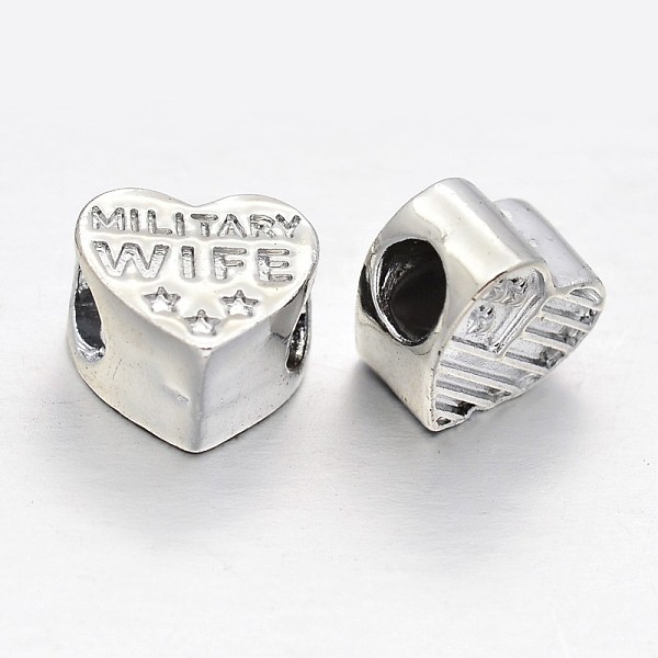PandaHall Alloy European Beads, Large Hole Heart Beads, Long-Lasting Plated, with Words Military Wife, Silver Color Plated, 10x11x6mm, Hole...