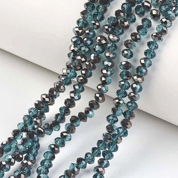 

PandaHall Electroplate Transparent Glass Beads Strands, Half Black Plated, Faceted, Rondelle, Teal, 6x5mm, Hole: 1mm, about 85~88pcs/strand..., Cyan