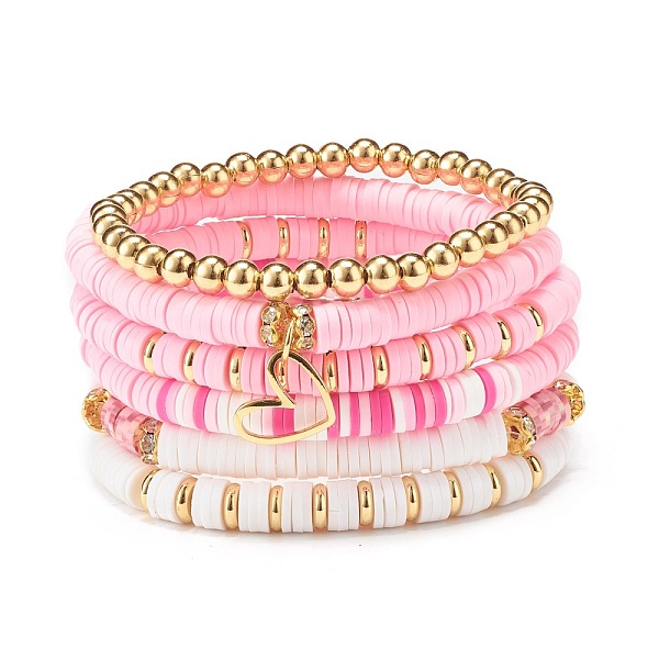 

PandaHall 6Pcs 6 Style Handmade Polymer Clay Heishi Beads Stretch Bracelets Set, Surfering Preppy Bracelets with Heart Charm for Women..., Pink
