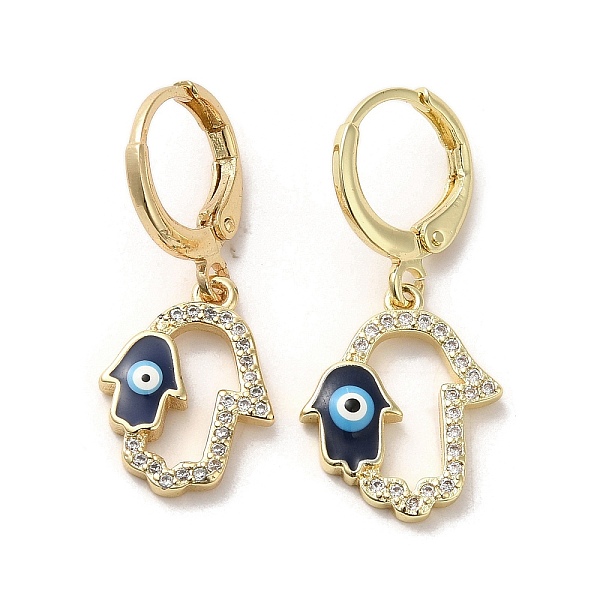 

PandaHall Hamsa Hand with Evil Eye Real 18K Gold Plated Brass Dangle Leverback Earrings, with Enamel & Cubic Zirconia, Prussian Blue...