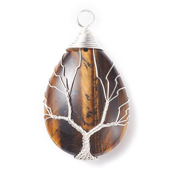 

PandaHall Natural Tiger Eye Pendants, with Silver Tone Copper Wire Wrapped Tree, Teardrop, 46x26x12mm, Hole: 5mm Tiger Eye Teardrop