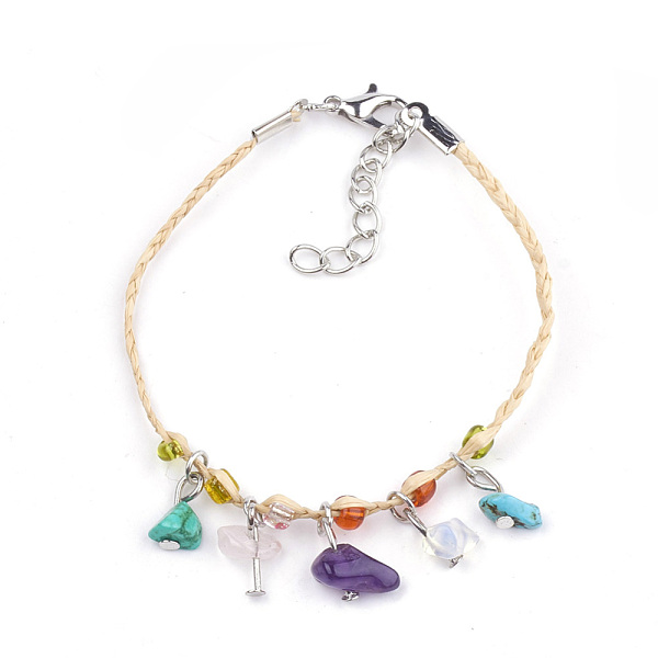 

PandaHall Handmade Braided Raffia Charm Bracelets, Lucky Bracelets, with Natural & Synthetic Mixed Stone & Silver Lined Seed Beads, Iron...