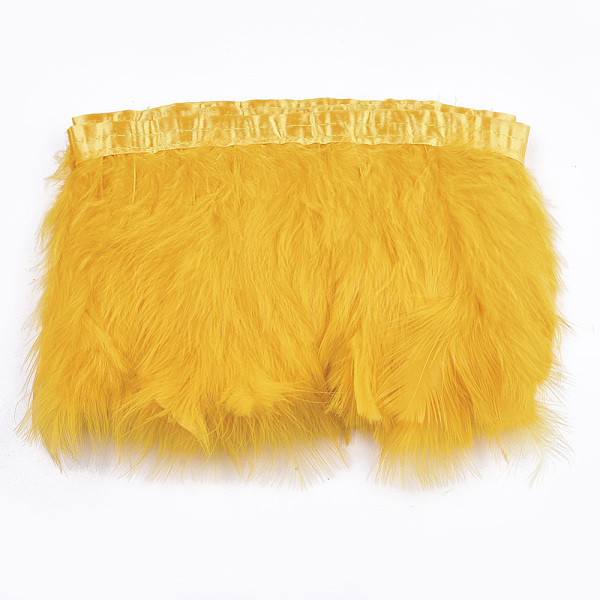 

PandaHall Turkey Feather Fringe Trimming, Costume Accessories, Dyed, Gold, 120~180mm, about 2m/bag Feather Feather Gold