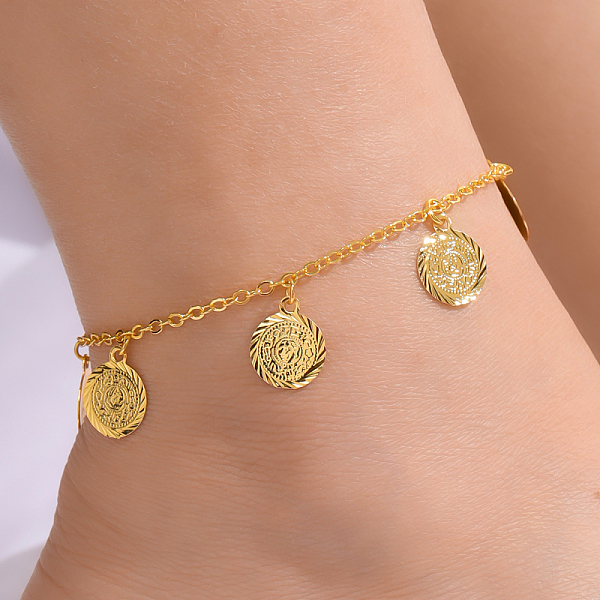 

PandaHall Fashionable and Delicate Adjustable Ladies Anklet with Vintage Beach Charm Brass Flat Round