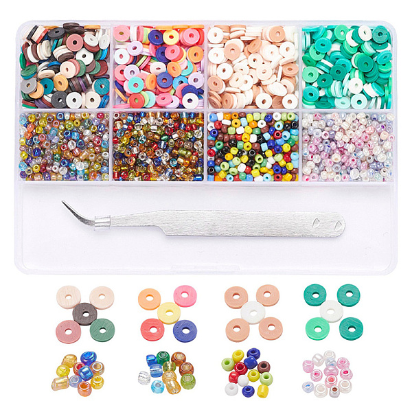 

PandaHall DIY Beads Jewelry Making Kit, Including 1124Pcs 4 Style Round Glass Seed Beads, 628~688Pcs 4 Colors Flat Round Polymer Clay Beads..., Multicolor